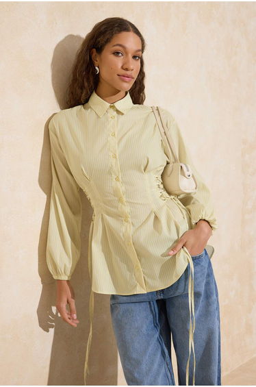 Yellow Fitted Waist-Tie Detailed Striped Woven Shirt