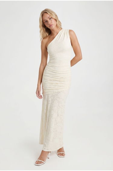 Burnout Floral Asym Neck Maxi Dress - ivory