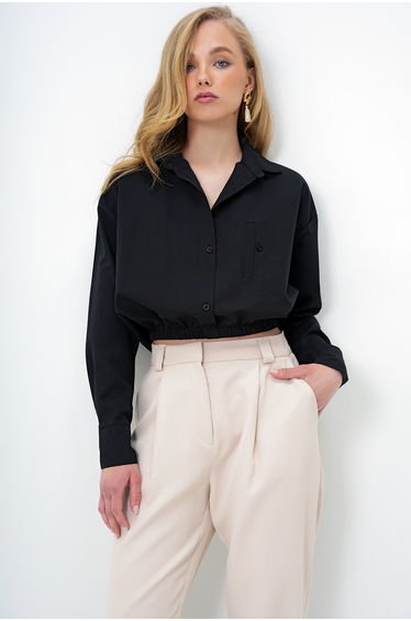 Women's Black Wide Cuff Elastic Waist Crop Poplin Shirt