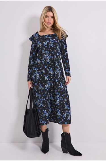 Floral Square Neck Ruffle Shoulder Jersey Midi Dress