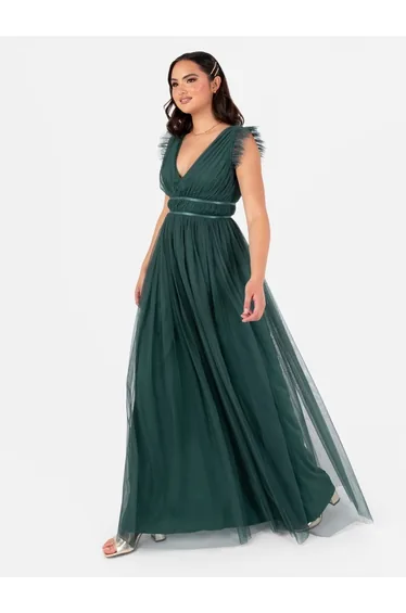 Anaya With Love Recycled Tulle Emerald Green V Neck Flutter Sleeve Maxi Dress