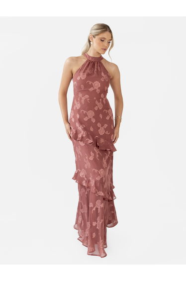 Maya Copper Rose Floral Jacquard Halter Neck Maxi Dress
