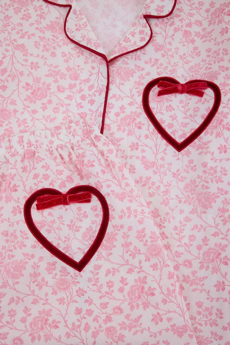 Pink Heart Pocket Woven Large Size Pajama Set - 3