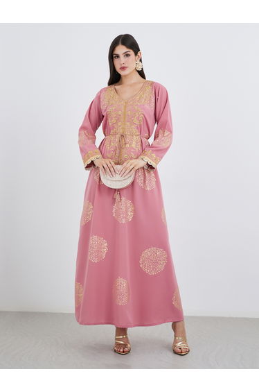 Foil Print V Neck Jalabiya with Embroidery and Lace Detail
