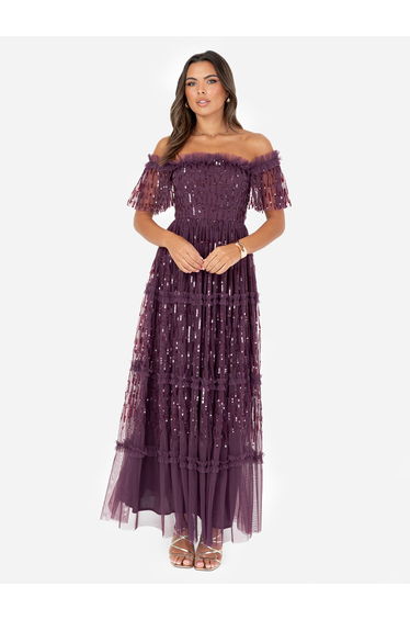 Maya Berry Linear Embellishment Bardot Maxi Dress