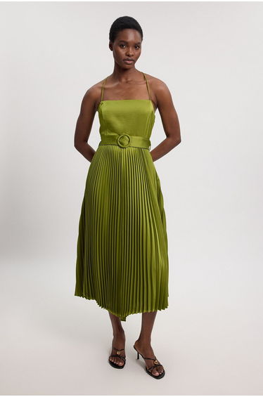 Satin Pleated Woven Midi Dress