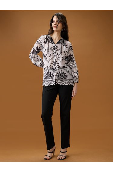 Women Printed V-Neck Balloon Sleeves Top
