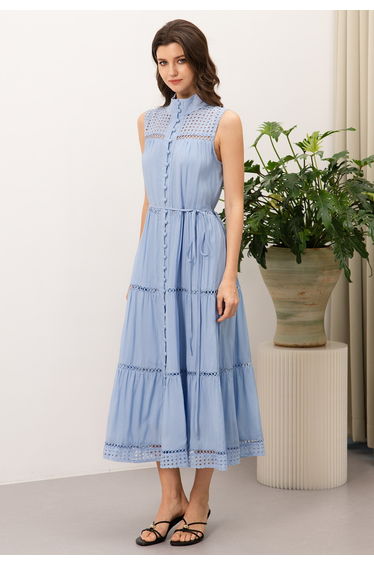 Tiered Eyelet Trim Buttoned Sleeveless Maxi Dress in Blue for Outdoor Tea & City Sightseeing