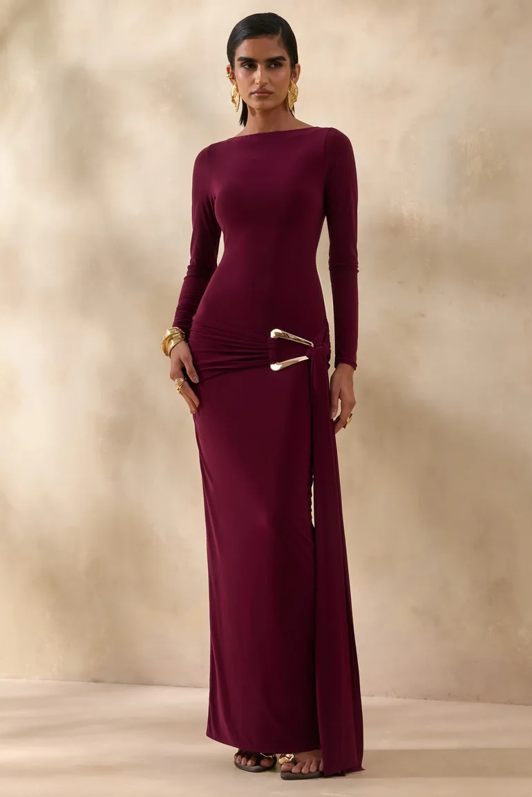 Astrielle | Burgundy Wide-Neck With Gold-Detail And Sash