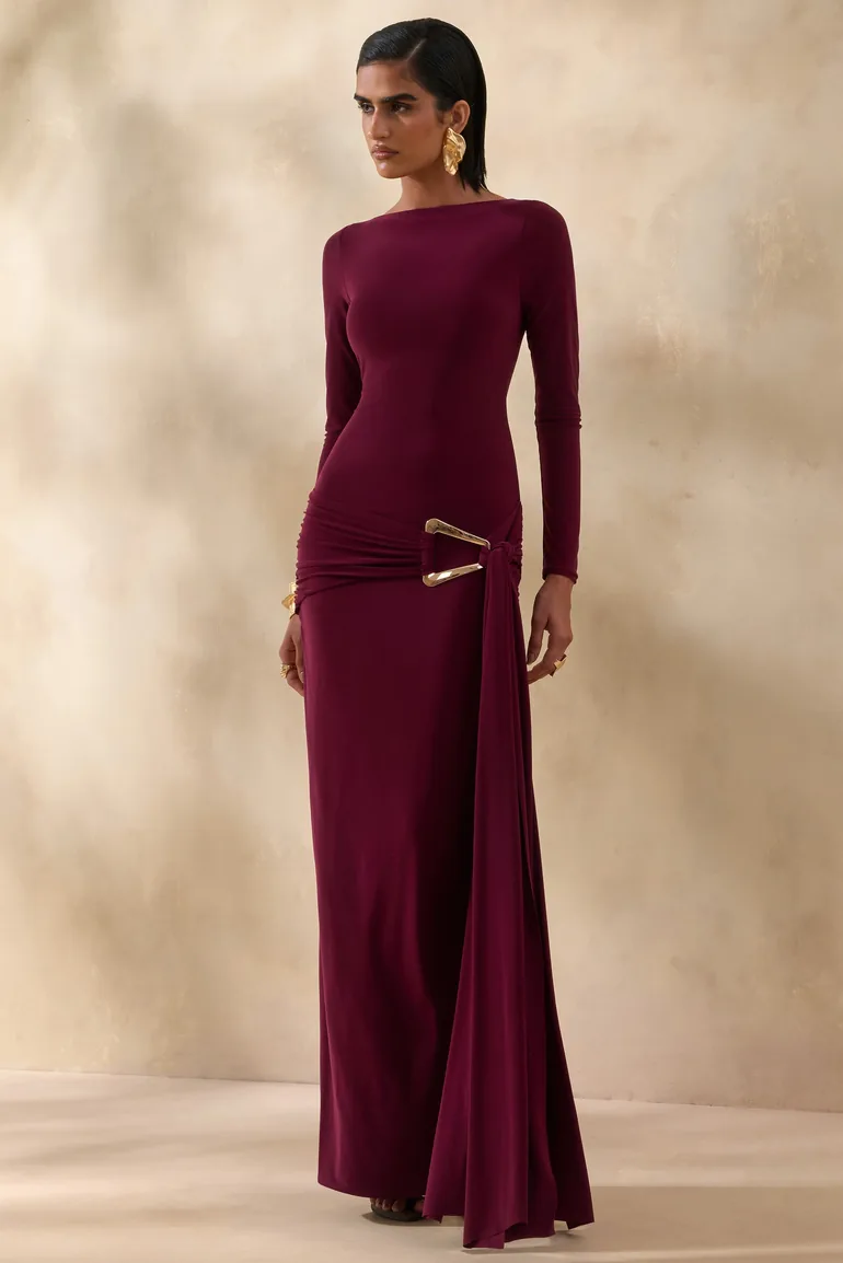 Astrielle | Burgundy Wide-Neck With Gold-Detail And Sash - 3