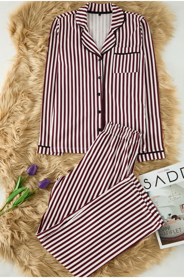 Claret Red 100% Cotton Striped Piping Detailed Knitted Pajama Set