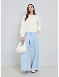 Solid Tie-Up Neck Flower Detail Sweater - 1