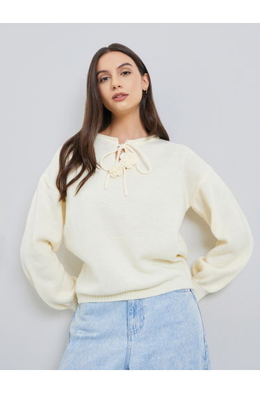 Solid Tie-Up Neck Flower Detail Sweater