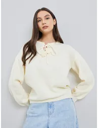 Solid Tie-Up Neck Flower Detail Sweater