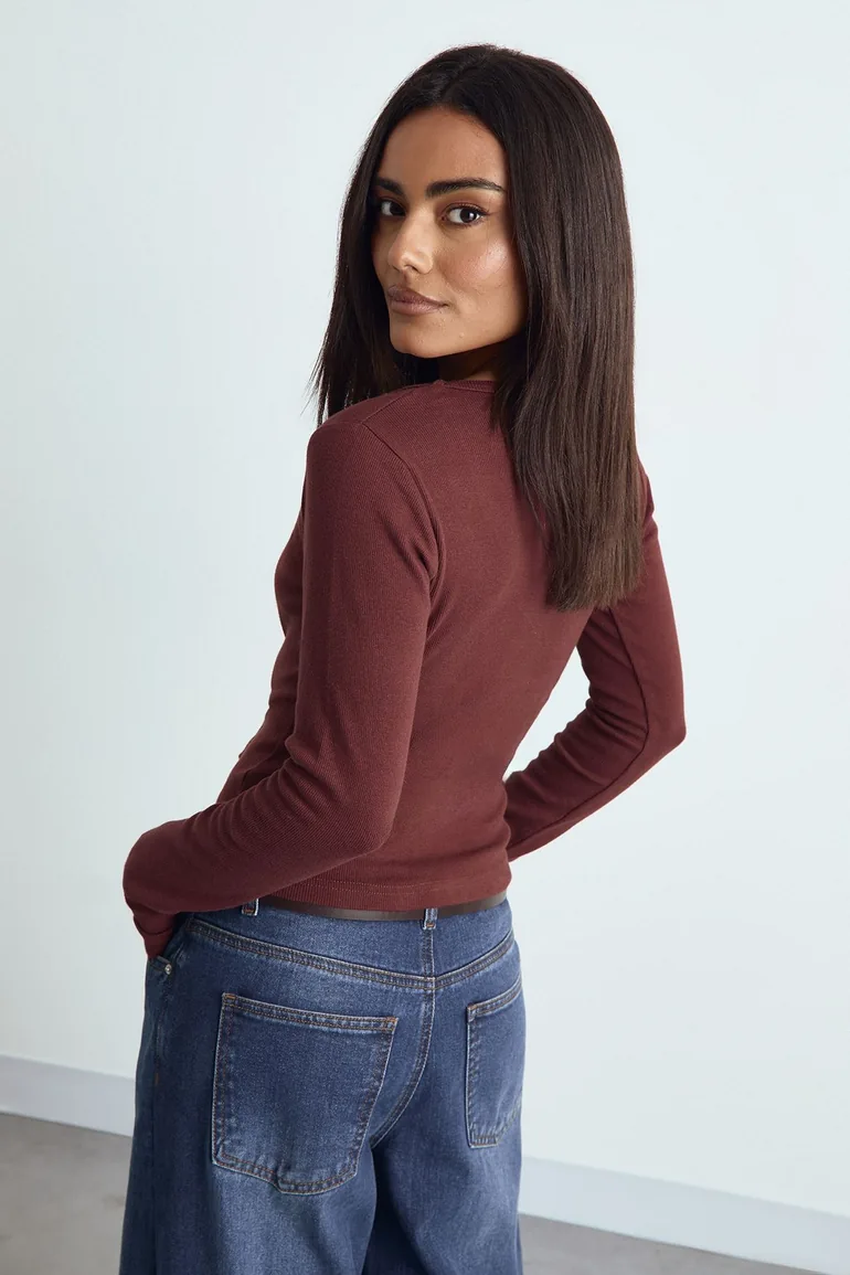 Rib Scoop Neck Fitted Long Sleeve Top - burgundy - 1
