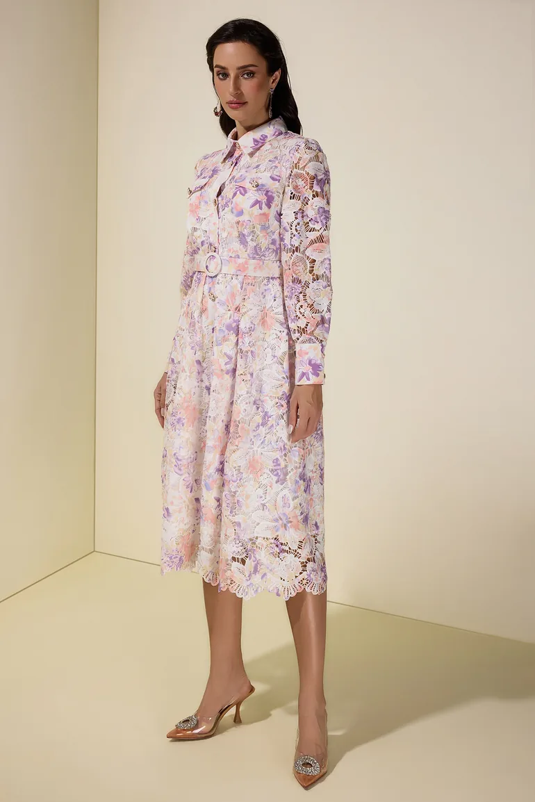 Lace Floral Single Breasted Midi Dress With Belt - 5