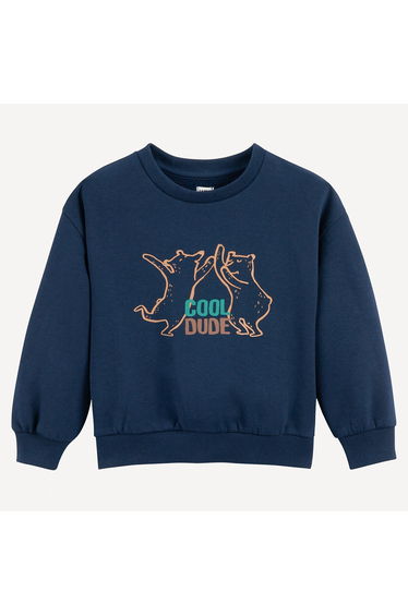 Fleece Crew Neck Sweatshirt with Bear Motif