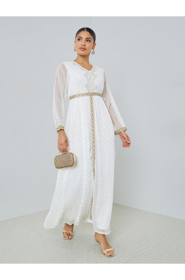 White Lurex V Neck Jalabiya with Lace Detail