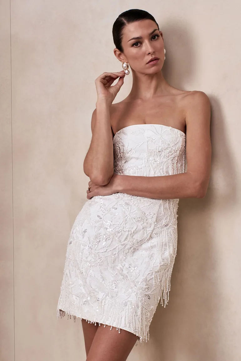 Paulina | White Embellished Bandeau Mini Dress - 4