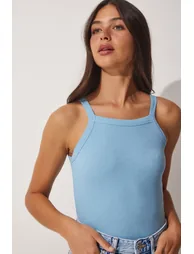 Women's Sky Blue Ribbed Crop Halterneck Knitted Singlets - 1