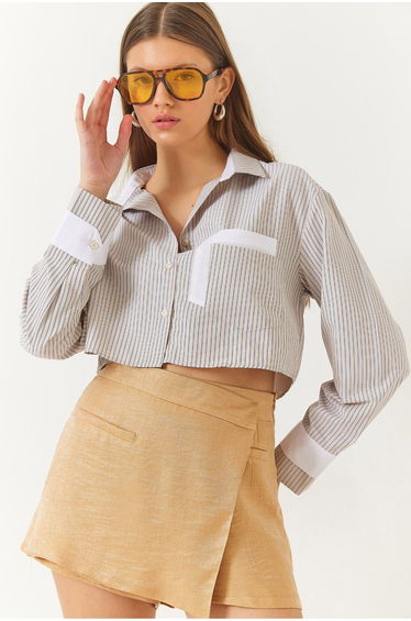 Women's Striped Garni Pocket Detailed Long Sleeve Crop Shirt