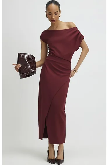 Red Draped Midi Dress