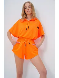 Women's Orange Hooded Crop Sweatshirt And Shorts Set - 3