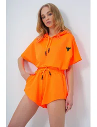 Women's Orange Hooded Crop Sweatshirt And Shorts Set