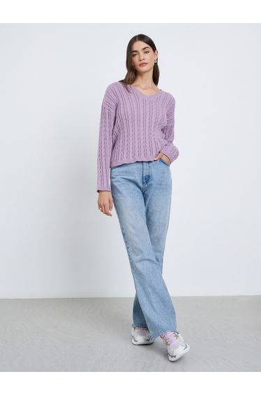 Purple V Neck Cable Knit Sweater