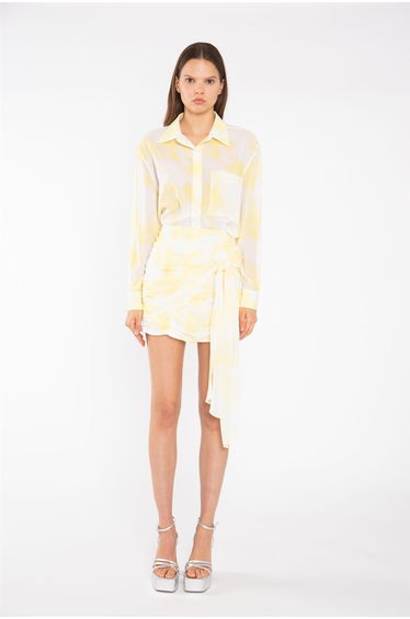 Yellow Print-Chiffon Ruched Tie-Front Mini-Skirt