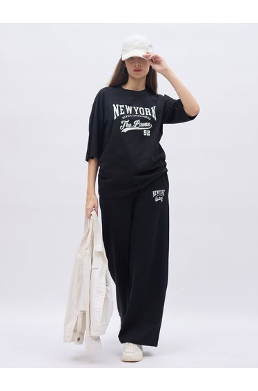 Black NY Print Oversized T-Shirt and Wide Leg Joggers Co-Ords