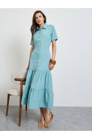 Green Front Button Tiered Midi Dress