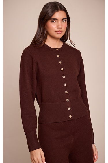 Chocolate Compact Knit Placket Detail Cardigan