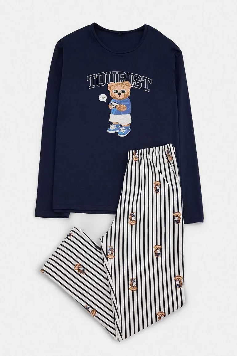 Navy Blue Regular Striped Teddy Bear Patterned Knitted Pajama Set - 2