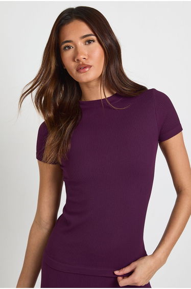 Contour Ribbed Seamless Short Sleeve Active Top - plum