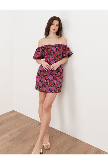Maya Floral Jacquard Short Sleeve Bardot Mini Dress