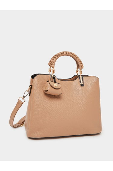 Beige Top Handle Tote Bag with Charm