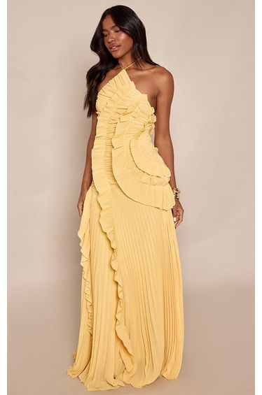 Lemon Pleated Frill Halterneck Maxi Dress