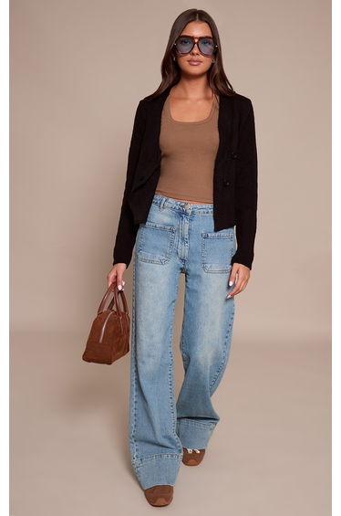 Mid Blue Wash Hem Seam Detail Front Pocket Jeans