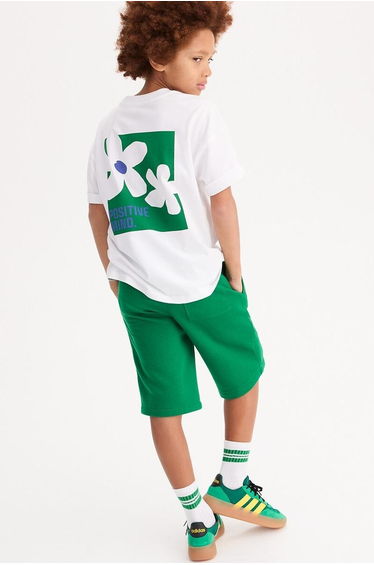 Oversized Crew Neck T-Shirt with Slogan and Floral Print and Short Sleeves