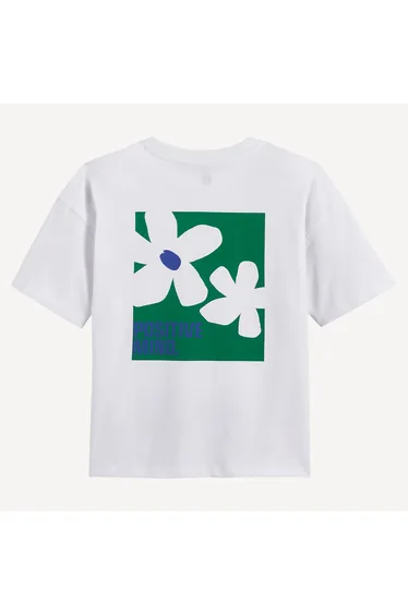 Oversized Crew Neck T-Shirt with Slogan and Floral Print and Short Sleeves