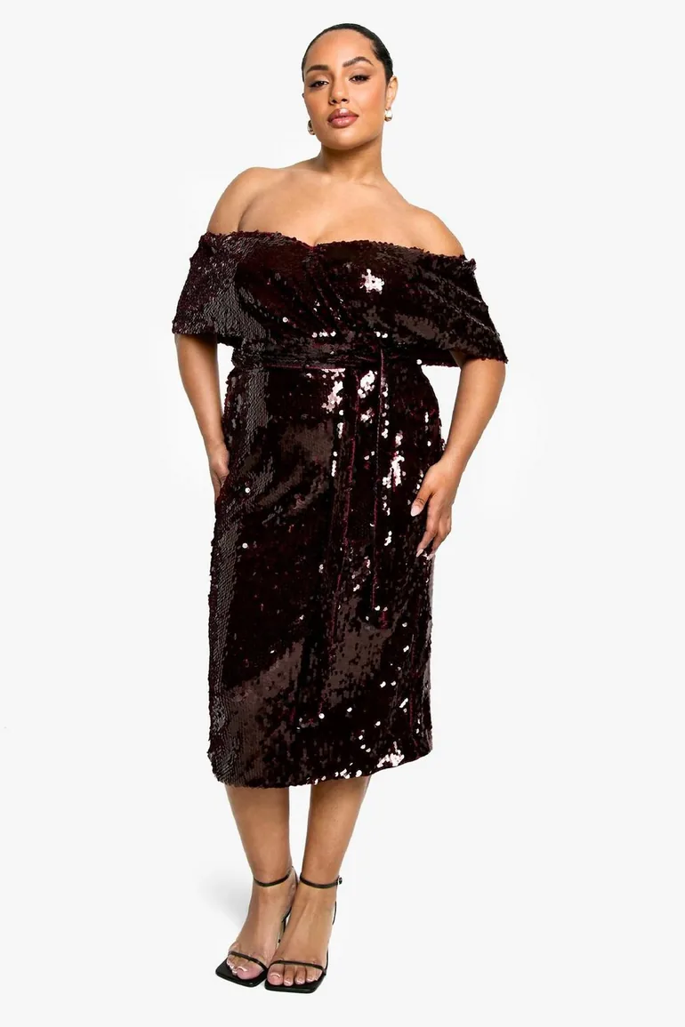 Plus Premium Sequin Off The Shoulder Midi Dress - malbec