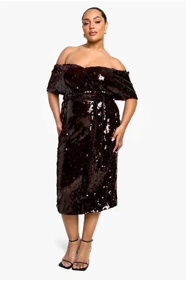Plus Premium Sequin Off The Shoulder Midi Dress - malbec