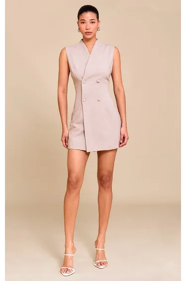 Sand Woven Collarless Button Mini Dress