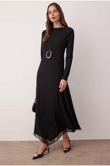 Black Lined Plain Knitted Hem Asymmetrical Tulle Hijab Dress