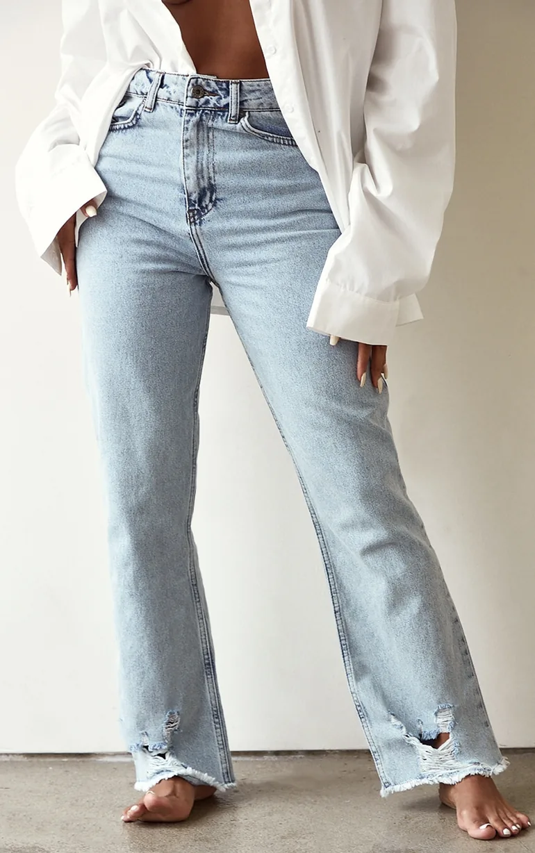PRETTYLITTLETHING Shape Vintage Ripped Hem Straight Leg Jeans