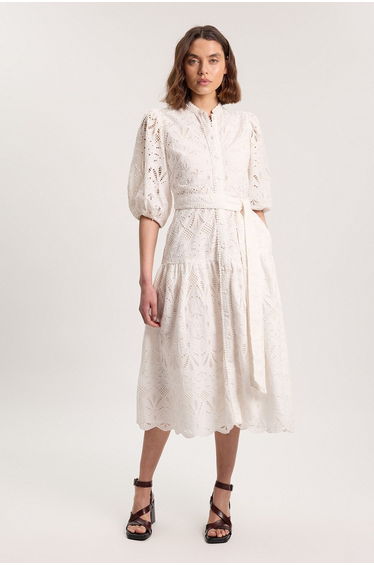 Petite Scalloped Hem Broderie Midi Shirt Dress