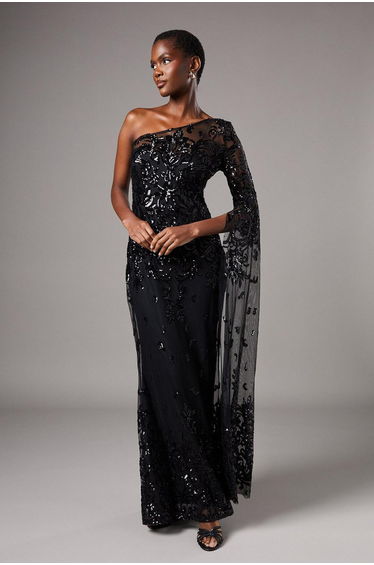 One Shoulder Maxi Dress In Lace With Cape Sleeve