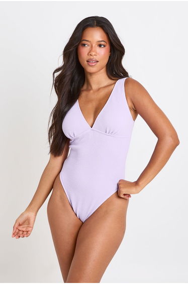 Textured Plunge Neck Swimsuit - lilac