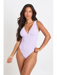 Textured Plunge Neck Swimsuit - lilac